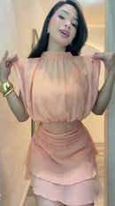 Vestido Chiffon Gola Alta - Pêssego