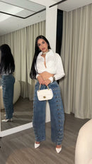 Calça Jeans Wide Leg Botões Militares - Azul Médio