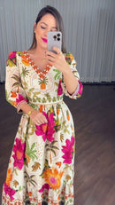 Vestido Longo Estampa Tropical - Off White Estampado