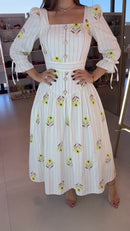 Vestido Midi Flores Amarelas - Off White Floral