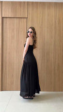 Vestido Longo Busto Franzido - Preto