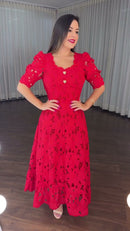 Vestido Midi Guipure Floral - Vermelho