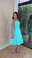 Vestido Azul Tiffany com Bolero 100% Linho - Azul Tiffany