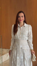 Conjunto Saia Midi Listrado Bordado - Bege Listrado