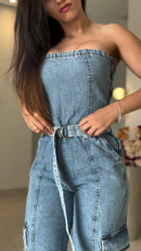 Macacão Jeans Cargo - Frente