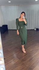 Vestido Midi Envelope Decote Quadrado - Verde Militar