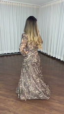 Vestido Longo Tule Paisley - Bege e Preto