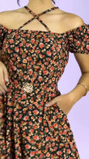 Vestido Midi Floral Ombro a Ombro - Preto Floral