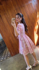 Vestido Rosa Laise Manga Bufante - Rosa
