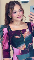 Vestido Longo Estampado com Zíper - Marmorizado Púrpura