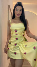Vestido Mini Drapeado Floral - Amarelo