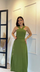 Vestido Longo Decote Cruzado Botões - Verde Oliva
