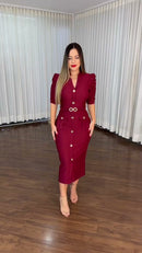 Vestido Midi Tubinho Botões Dourados - Marsala