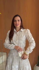 Conjunto Saia Midi Listrado Bordado - Bege Listrado