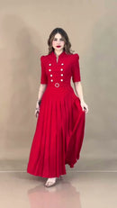 Vestido Longo Vermelho Botões Pérola - Vermelho