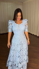 Vestido Midi Guipure Floral - Azul Serenity