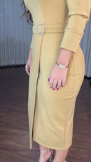 Vestido Midi Envelope Decote Quadrado - Mostarda