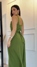 Vestido Longo Decote Cruzado Botões - Verde Oliva