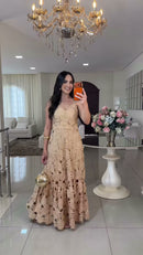 Vestido Longo Guipir Floral - Bege