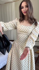 Vestido Midi Poá Manga Bufante - Off White