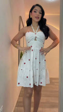 Vestido Laise com Flores Bordadas - Branco Flores Vermelhas