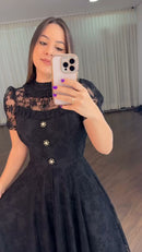 Vestido Preto Tule Bordado - Preto