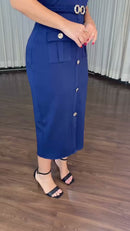 Vestido Midi Tubinho Botões Dourados - Azul Marinho
