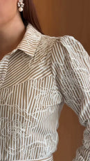 Conjunto Saia Midi Listrado Bordado - Bege Listrado
