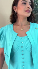 Vestido Azul Tiffany com Bolero 100% Linho - Azul Tiffany