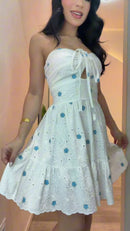 Vestido Laise com Flores Bordadas - Branco Flores Azuis
