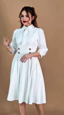 Vestido Risca de Giz com Gravatinha - Branco Risca de Giz