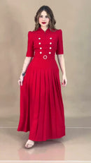 Vestido Longo Vermelho Botões Pérola - Vermelho