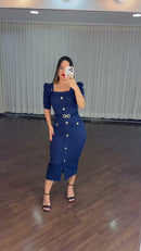Vestido Midi Tubinho Botões Dourados - Azul Marinho