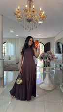 Vestido Longo Marrom Gola Alta - Marrom Chocolate
