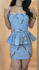 Conjunto 100% Linho Bordado Peplum - Azul Claro