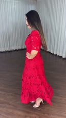 Vestido Midi Guipure Floral - Vermelho
