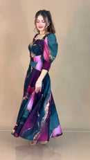 Vestido Longo Estampado com Zíper - Marmorizado Púrpura