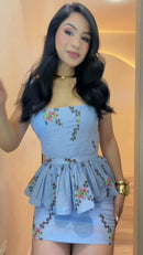 Conjunto 100% Linho Bordado Peplum - Azul Claro