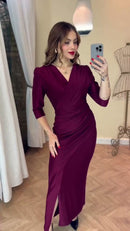 Vestido Midi Envelope Drapeado - Ameixa