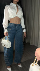 Calça Jeans Wide Leg Botões Militares - Azul Médio