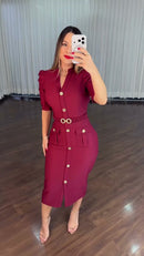 Vestido Midi Tubinho Botões Dourados - Marsala