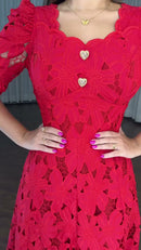 Vestido Midi Guipure Floral - Vermelho
