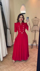 Vestido Longo Vermelho Botões Pérola - Vermelho