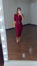 Vestido Midi Tubinho Botões Dourados - Marsala