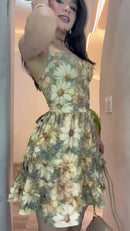 Vestido Floral Corpete Babados - Verde Floral