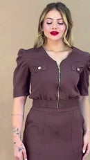 Conjunto Blusa Zíper e Saia Midi - Marrom Chocolate