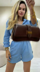 Conjunto 100% Linho Camisa e Shorts - Azul Claro