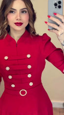 Vestido Longo Vermelho Botões Pérola - Vermelho