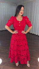Vestido Midi Guipure Floral - Vermelho
