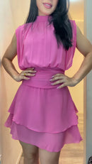Vestido Chiffon Gola Alta - Rosa